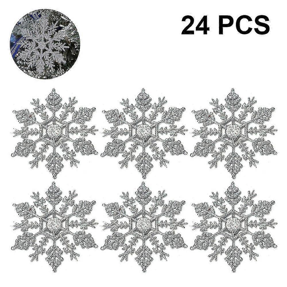 Plastic Christmas Glitter Snowflake Ornaments, 24pcs, Silver Fiis