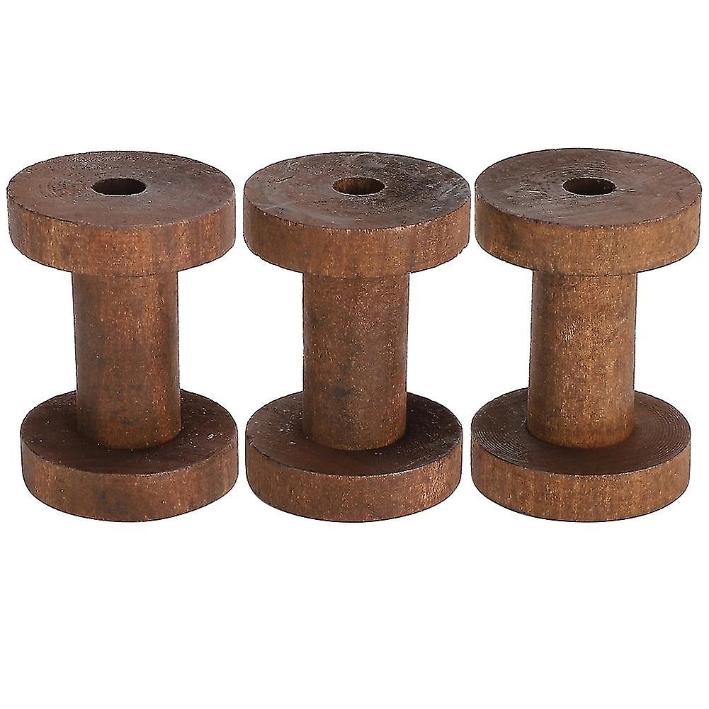 Set of 3 chic dark brown wooden spools for crafts, sewing, threading