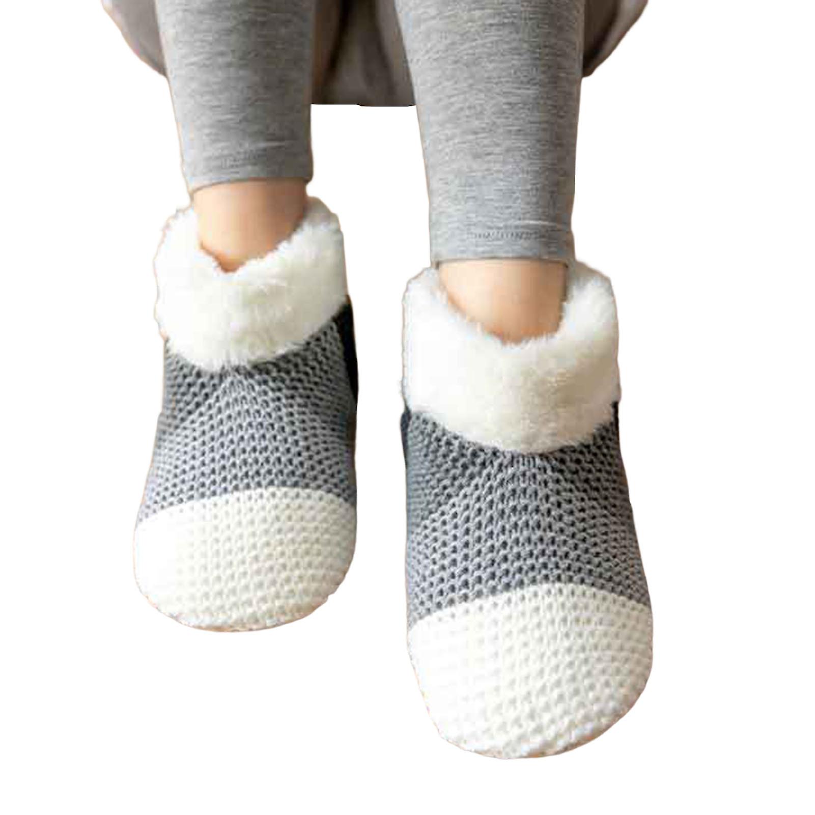 Floor Shoes Socks Color Block Fuzzy Plush Lining Silicone Keep Warm Cozy Winter Thermal Indoor Home Slipper Socks