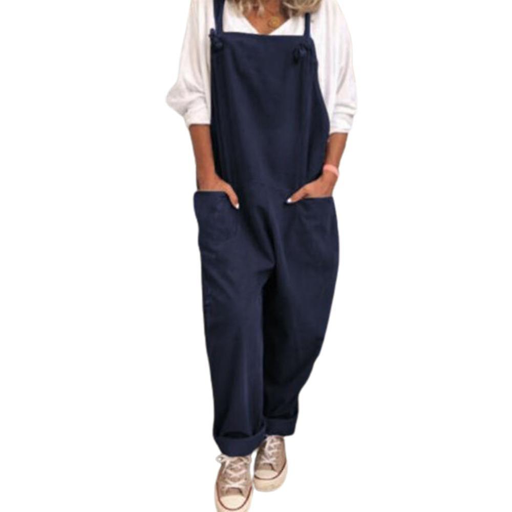 Plus Size Kvinder Solid Dungarees Overalls Lomme Ærmeløse bukser Jumpsuit-dwdz