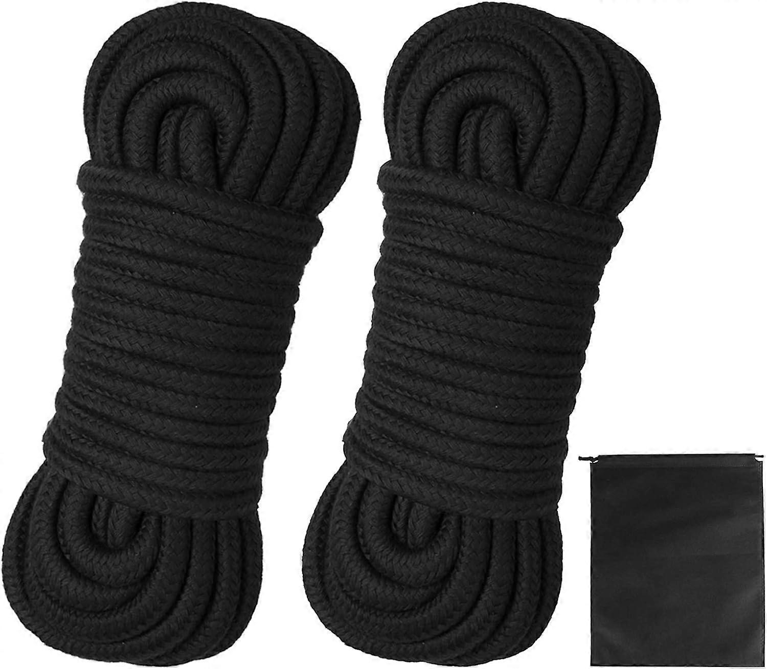 2 Pack 10m/32 Feet Soft Cotton Rope, Black 8mm Long Rope Thick Craft Cord Cotton Cord All Purpose Tying Rope Durable Twisted Cord with Storage Bag Bla