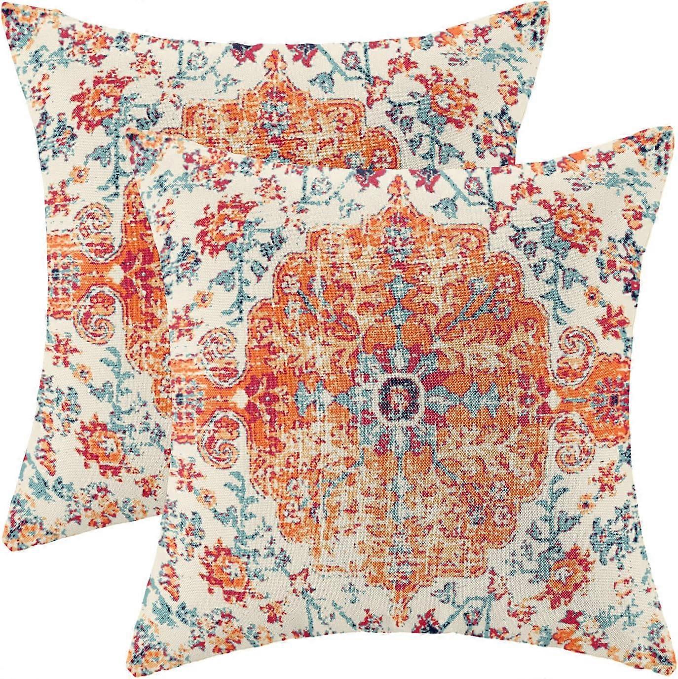 自由奔放に生きる枕カバー16x16インチ2個セット、カーペットパターンスロー枕ケース、オレンジブルーエスニックデザイン屋外装飾スクエアリネン農家の装飾Cus