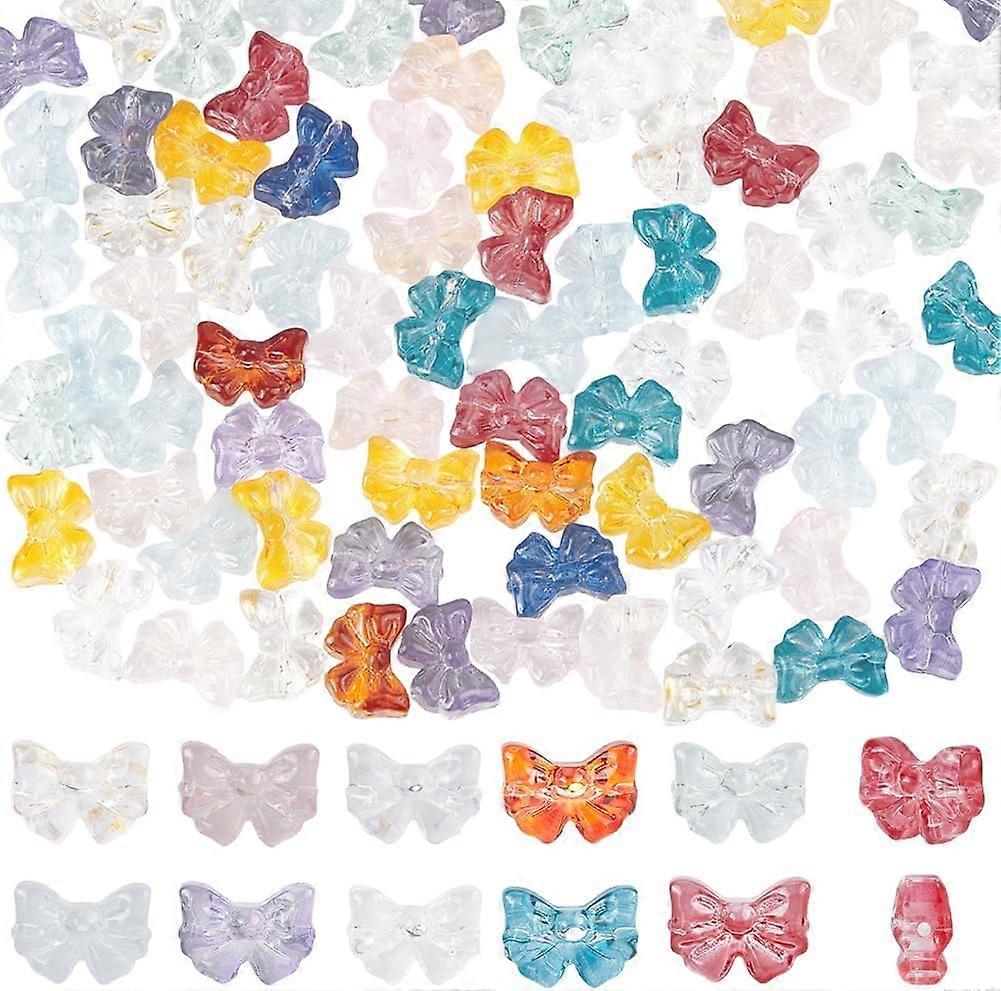 1 Box 100Pcs Bows Crystal Beads Glass Bow Bead Bulk Colorful Transparent Random Butterfly Bowknot Tie Horizontal Drilled Lampwork Loose Spacer Bead fo