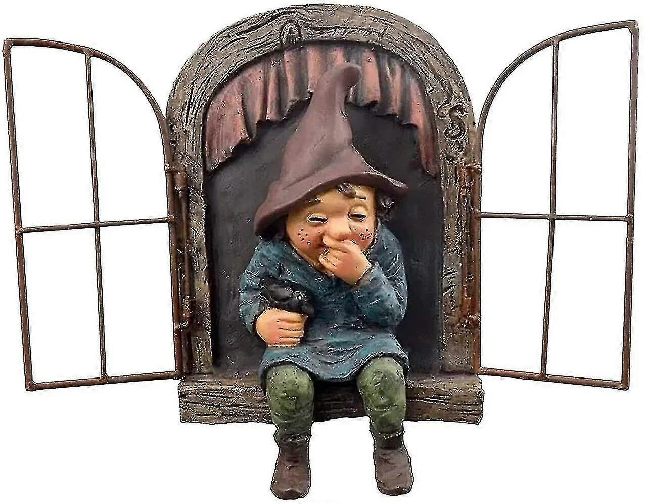 Elf Out The Door Tree Hugger, Outdoor 3d Window Dwarf Statue Yard Art