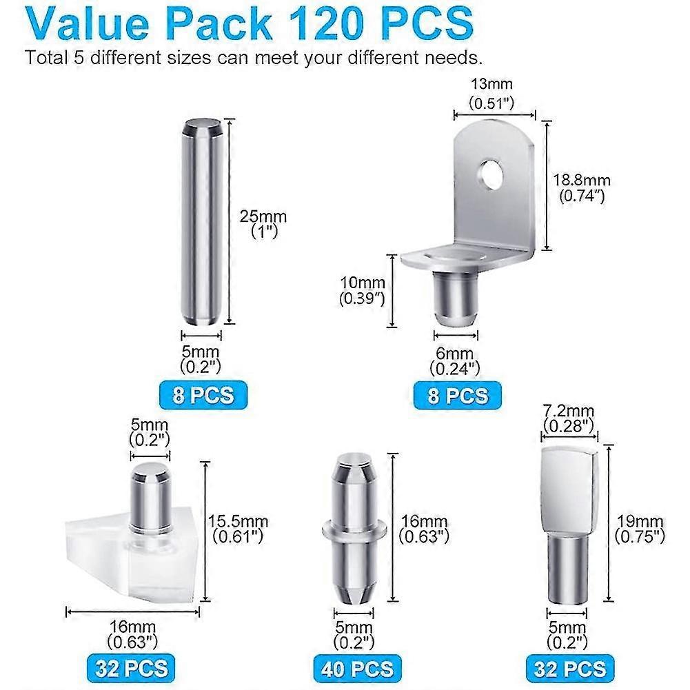 120pcs الجرف أوتاد كيت ، 5 أنماط دبابيس الجرف دعم الأوتاد ، أوتاد رف مجلس الوزراء للأرفف Bookc