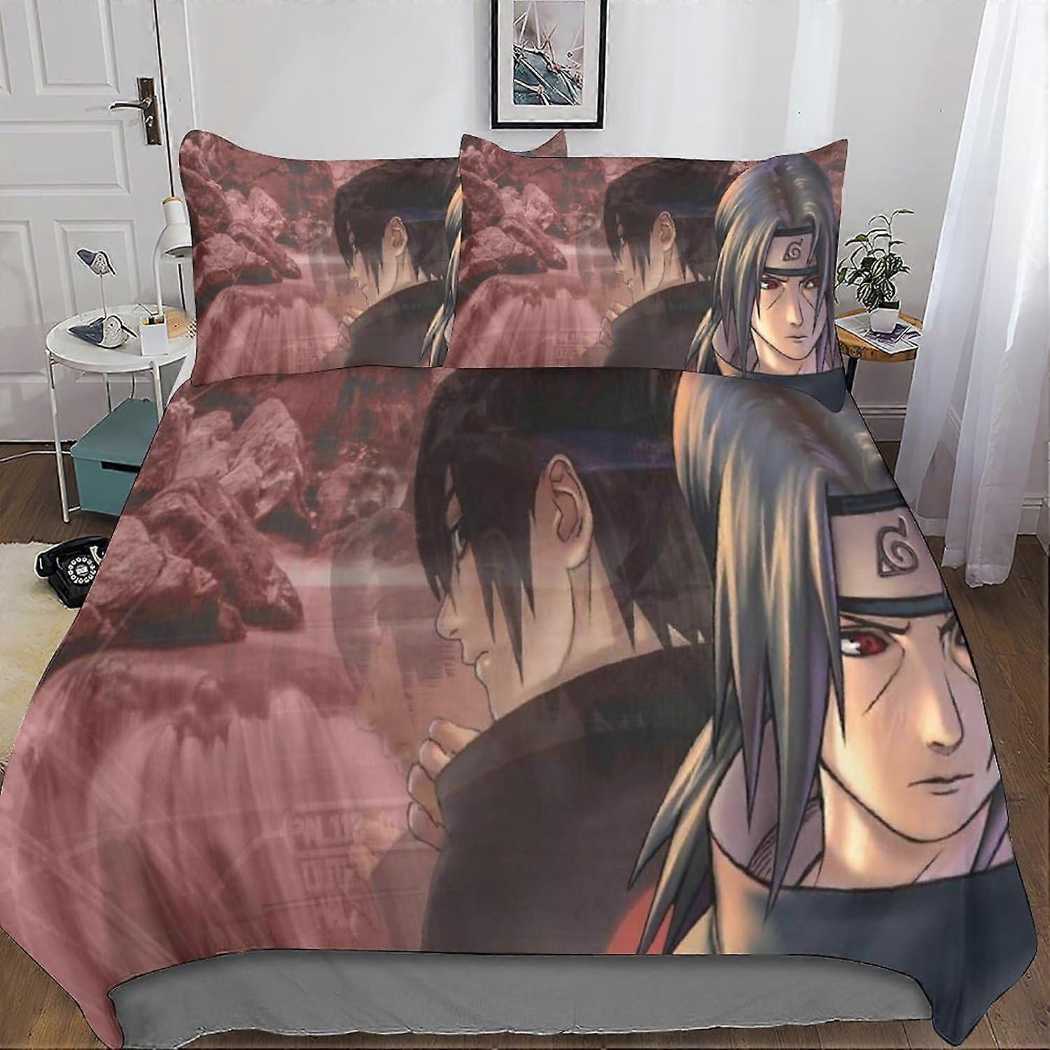 Sasuke Bedding Set 3D Printed Duvet Cover Pillowcase, 3 Piece Naruto Bedding Set with Zipper Closure, for Adults and Kids Double