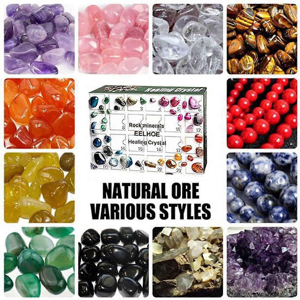 Advent Calendar - 24 Grid Rocks, Minerals Kit 24 Days Christmas Countdown Calendars Gifts For