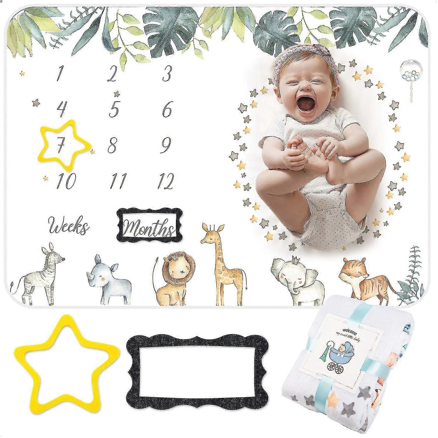 Dětská milníková deka pro chlapce dívky, fleecová deka zvířecí tištěné růstové přikrývky se 2 plstěnými fotorámečky-YH