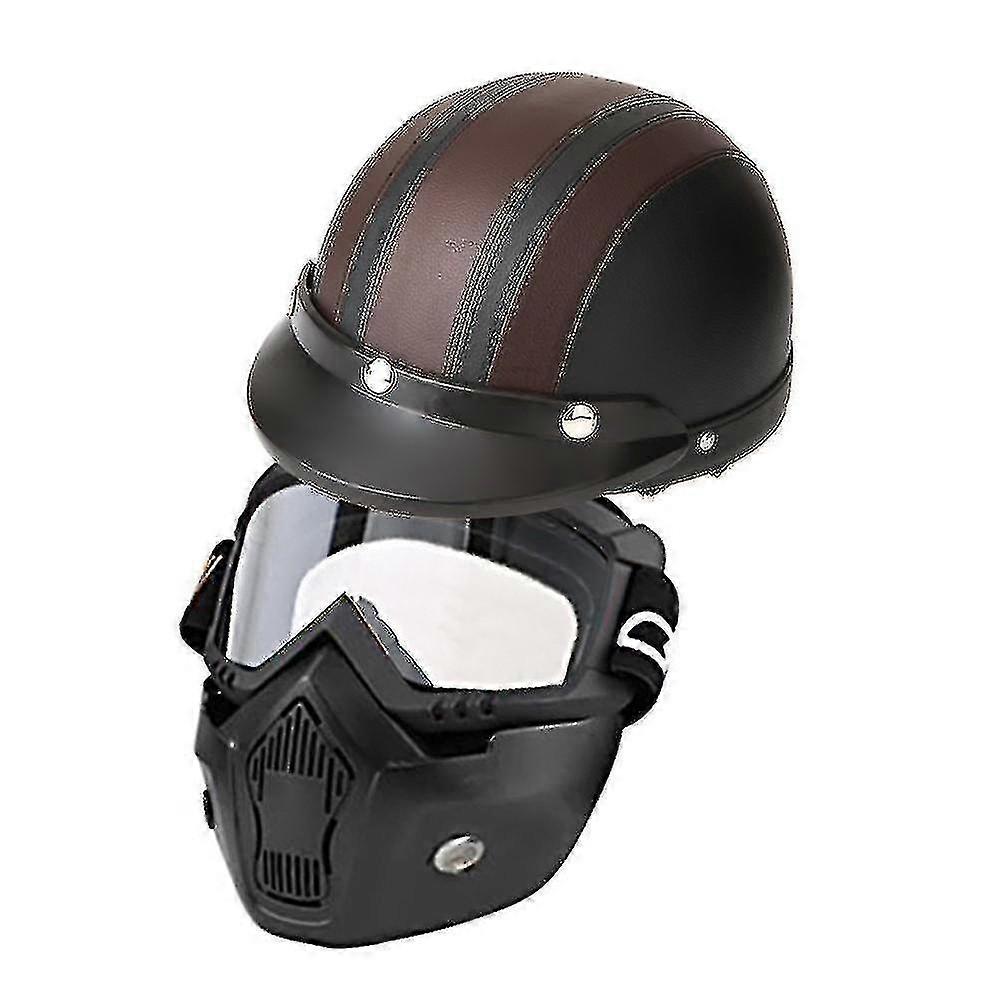 Mortorcycle Mask Detachable Goggles And Mouth Filter+ Open Face Half Leather Helmet With Vision Uv