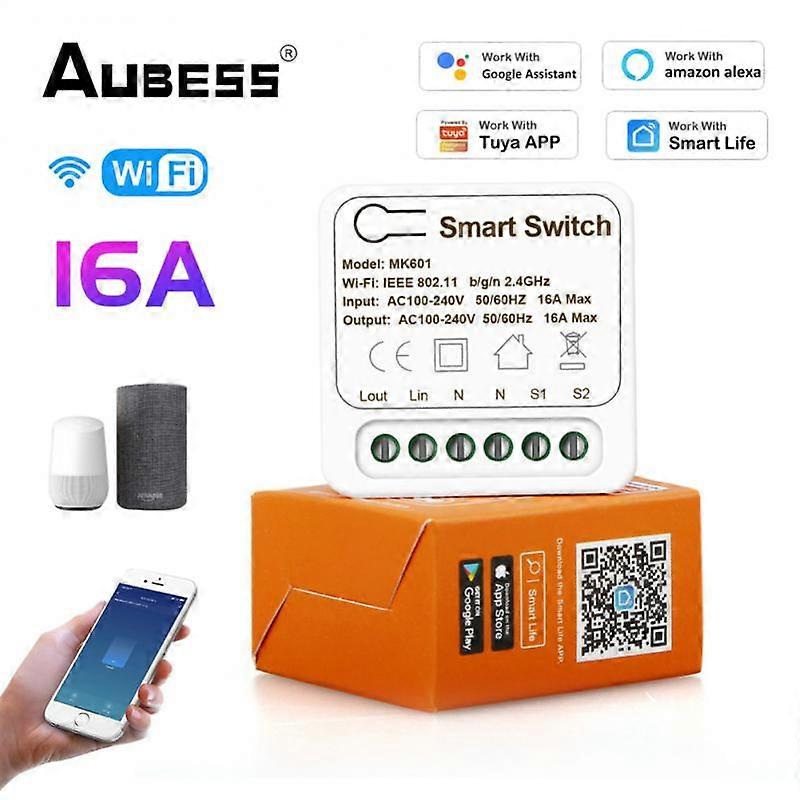 Aubess Tuya 16A Smart Wifi Switch Smart Home Wireless Switch Module Alexa Google Home Timer Voice Control Automation Module