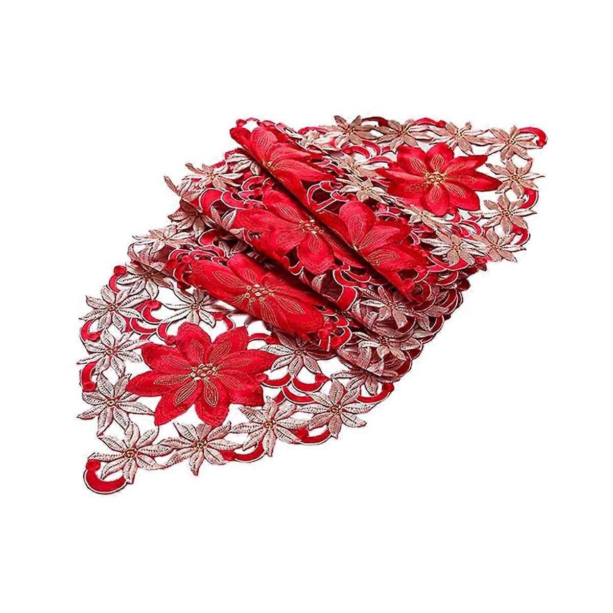 Chemin de table de Noël, nappe brodée de feuilles de houx et de poinsettia pour décorations de Noël 15 x 70 pouces
