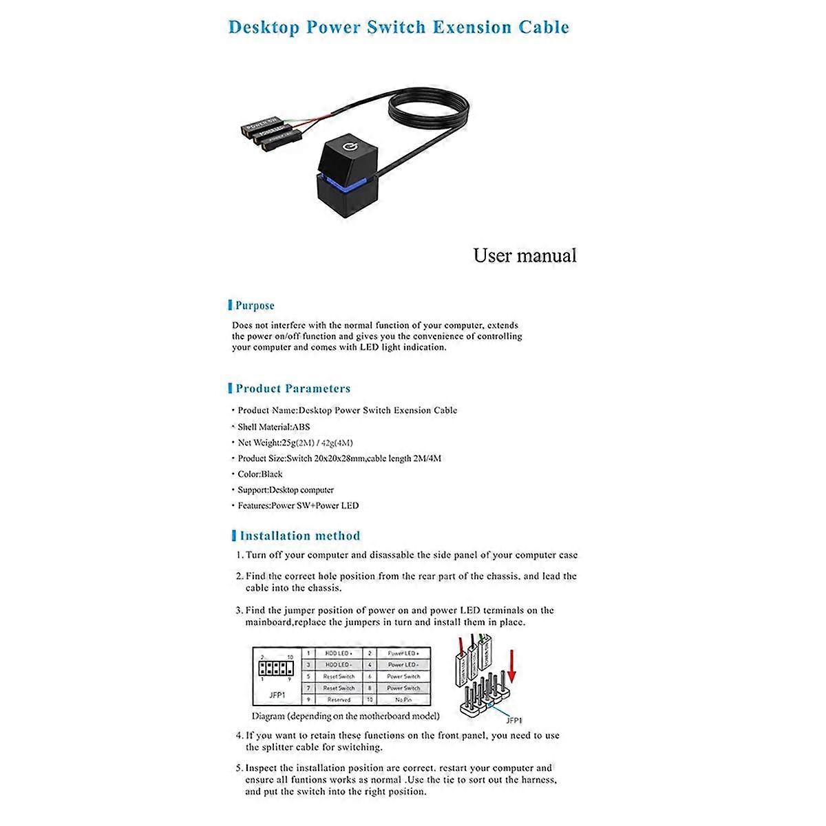 Computer Desktop Switch Colorful LED PC Motherboard External Start Power on/Off Button Extension Ca