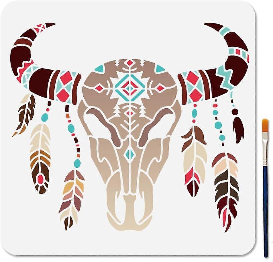 Cow Skull Stencil Boho Bull Skull Stencils 11.8x11.8inch Feathered Bull Head Reusable Plastic Templates with Paint Brush for Craft on Window Wood Wall