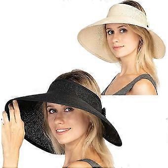 Women's Visor Foldable Straw Hat Adjustable Size Wide Brim Hat (Black + Beige)