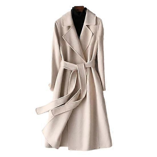Women Autumn Winter Woolen Coat Lapel Long Sleeve Slim Fit Coat with Belt Solid Color Mid calf Length Overcoat