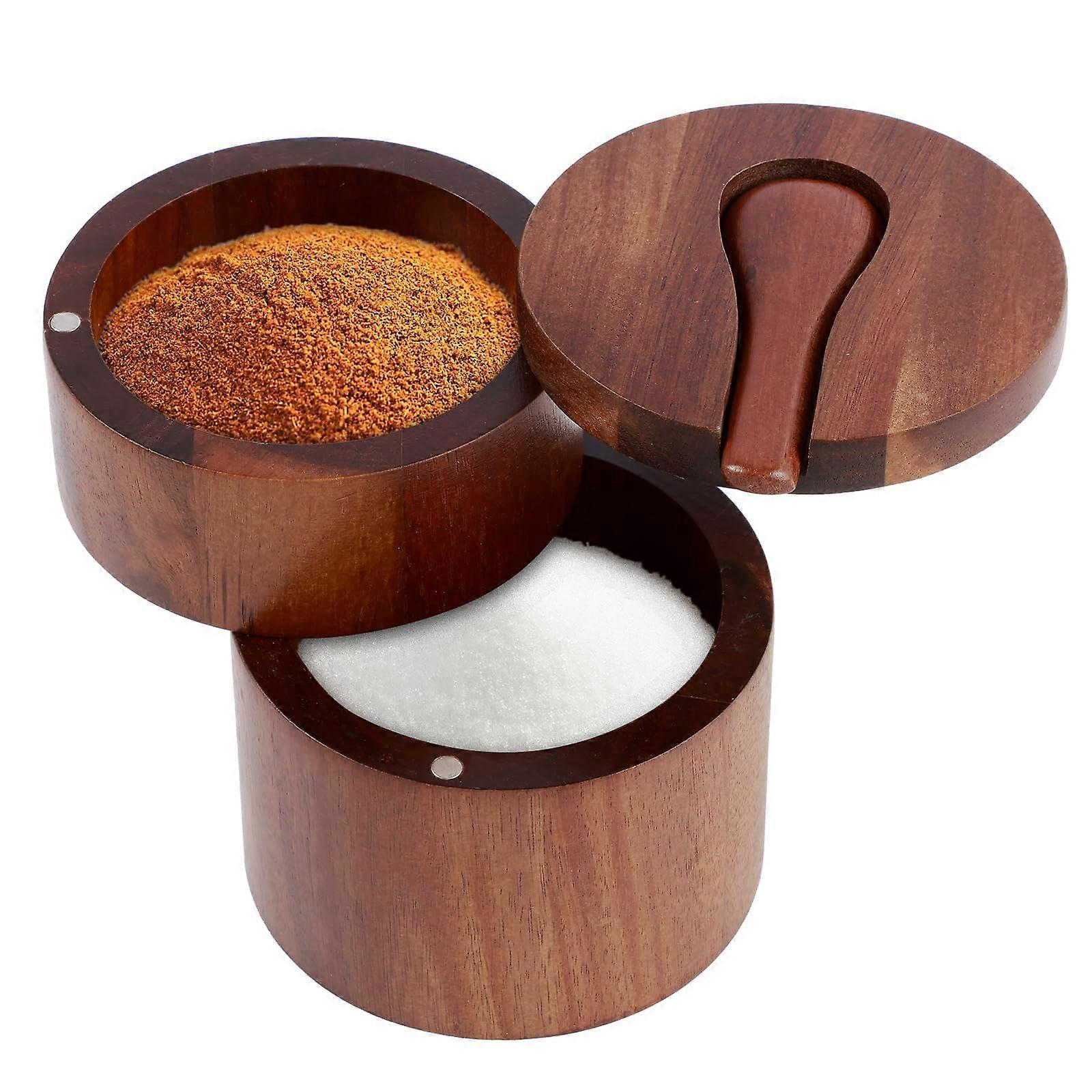 Magnetic Swivel Lid Dustproof Acacia Wood Salt and Pepper Cellar with Removable Inner Container and Natural Finish