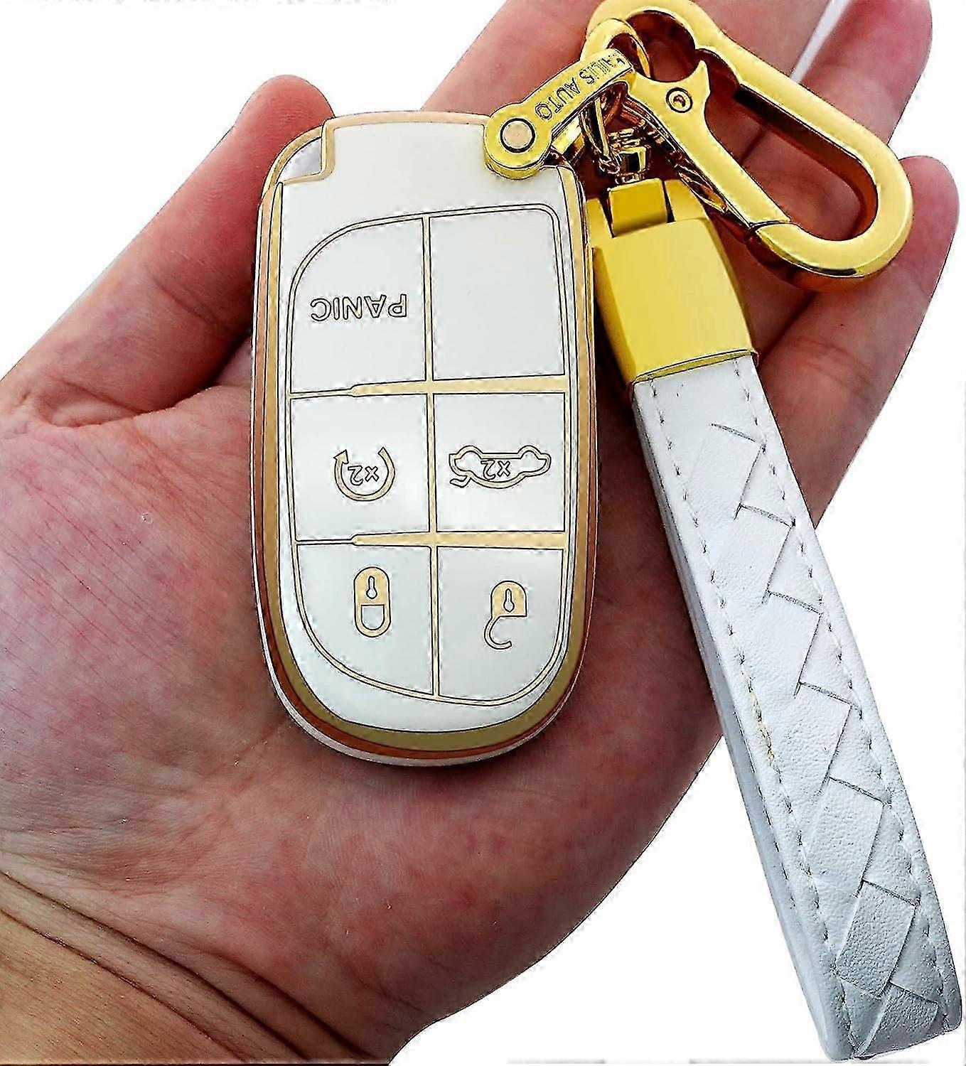 for Jeep key fob cover with Leather keychain,Fashion Soft TPU Protector Key Shell Compatible with Grand Cherokee Renegade Chrysler Durango Journey rem