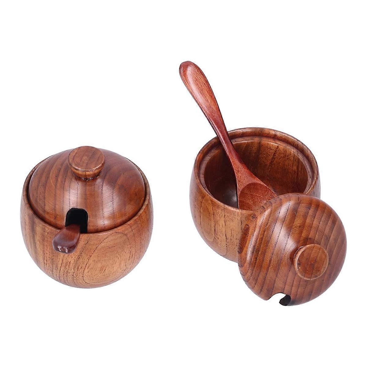 2PCS Wood Salt Bowl Salt Container Spice Jar Salt Dark Brown