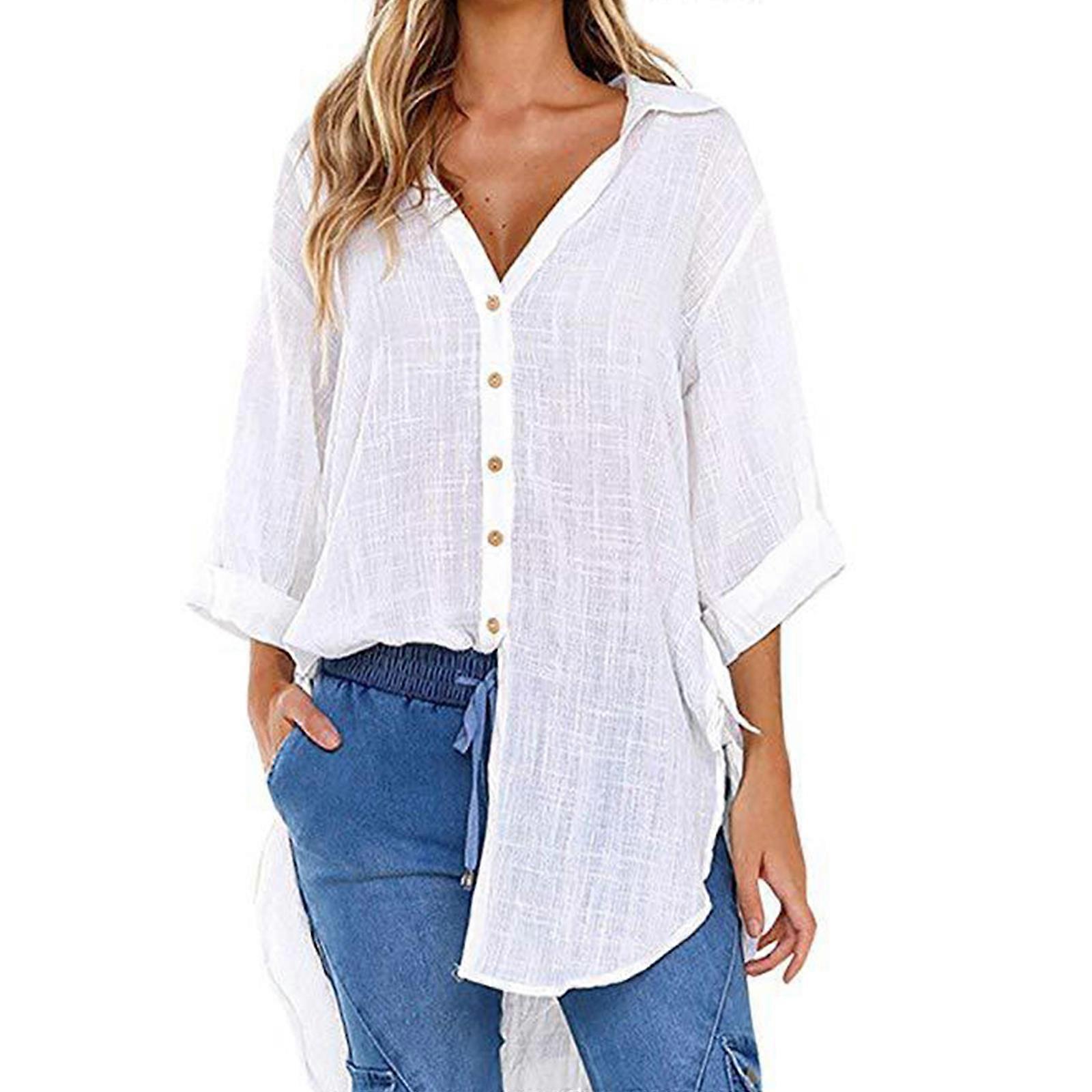 Camicie di cotone Donna Manica di media lunghezza Camicetta ampia Camicia con scollo a V da strada Dolce Abbigliamento casual Camicette in tinta unita Bianco XL
