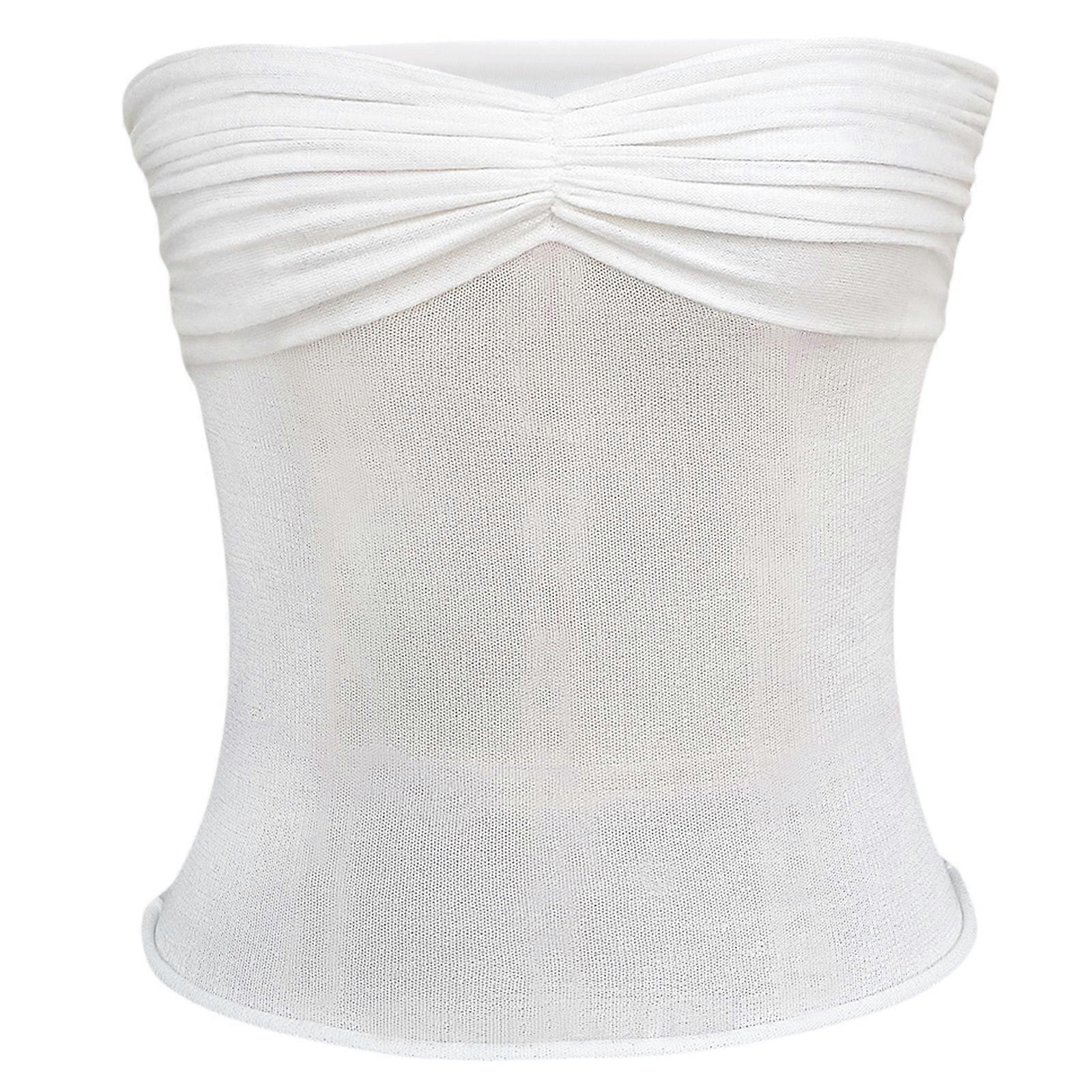 Womens Summer Sexy Mesh Strapless Off Shoulder Tube Top Ruched Twisted Front Solid Color Slim-Fit Blouses Crop Tank Top  White XL