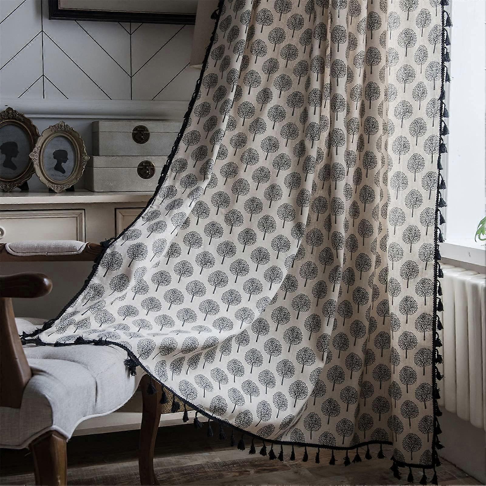 2 Panels Tree Print Black Tassels Boho Cotton Linen Curta with Rod Pocket Design for Bedroom 59' W x 94' L