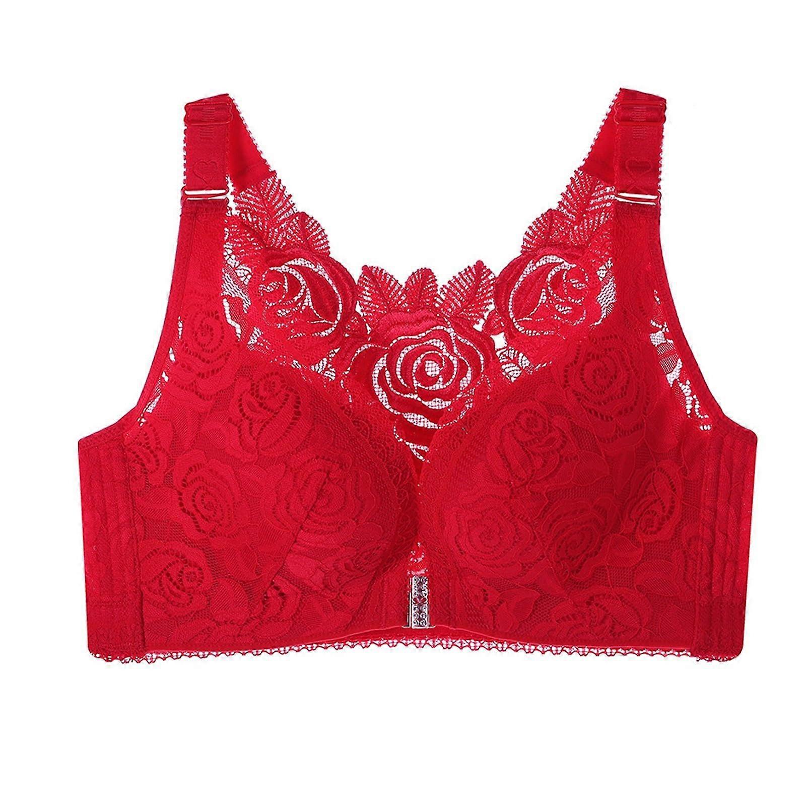 Women's Bra Set with Lace Edge Front Buckle, Seamless, Adjustable, Yoga, Sleep, Size 40/90C, Red