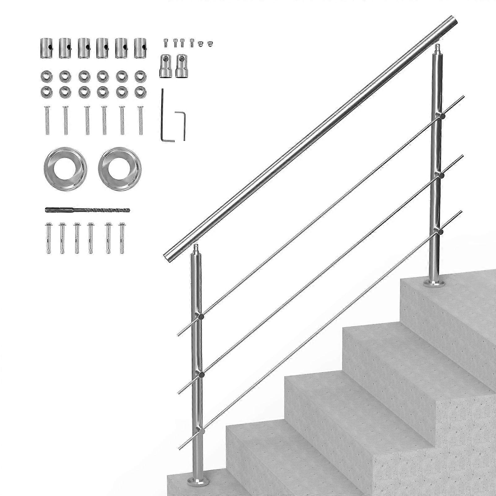 Handrails for Outdoor Steps, 59 in Length 3 Crossbars Stair Hand Rail with Installation Kit, Double-column Handrails for Seniors,Porch