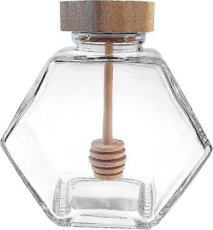 1PC 380ml /12.85Ounce Empty Glass Refillable Honey Pot Jar with Wooden Dipper and Cork Lid Cover Hexagon for Home Kitchen Container