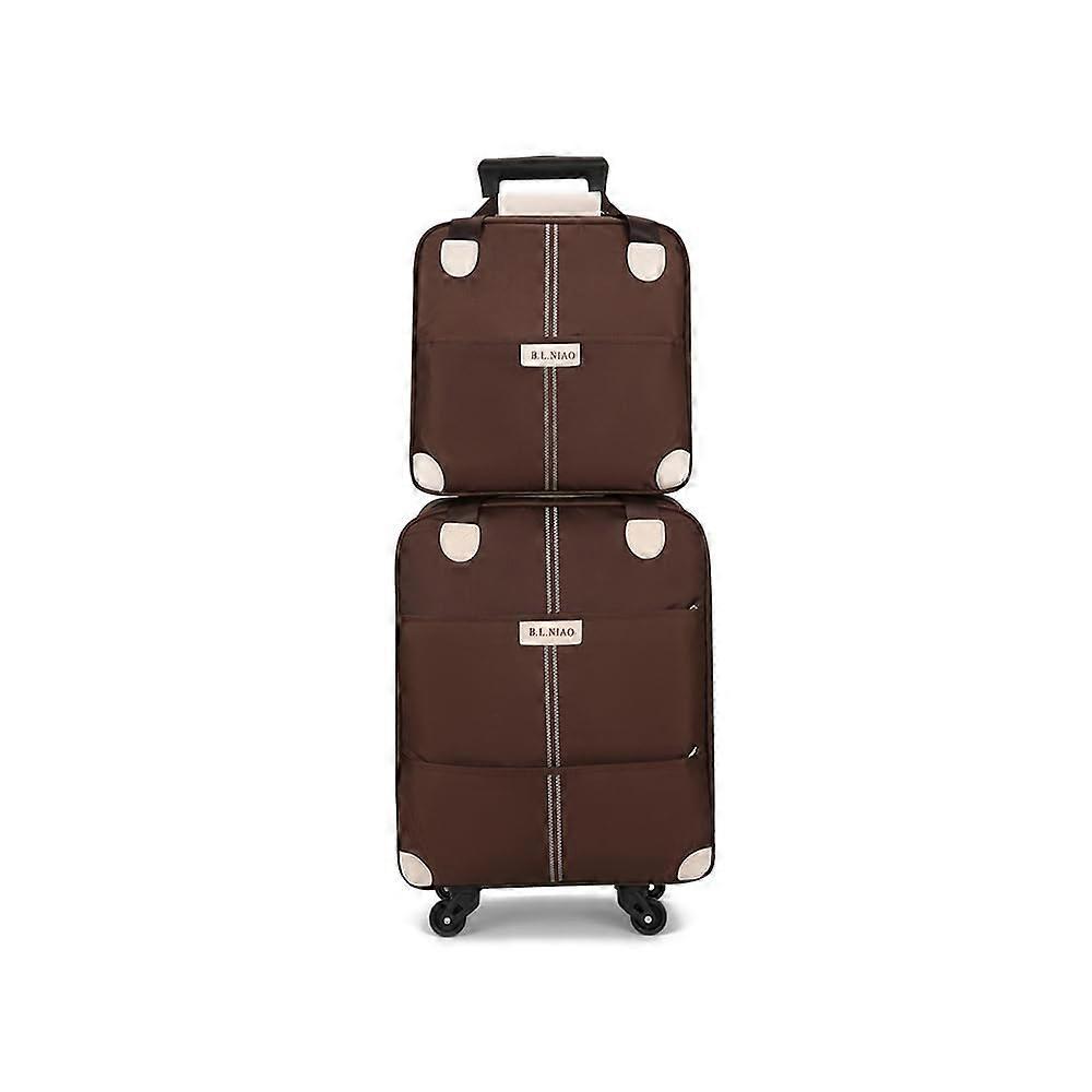 Rolling Upright Luggage Set - 18in Oxford Carry On Suitcase and Small Bag, Lightweight Softside Travel Set with Wheels in Large Coffee