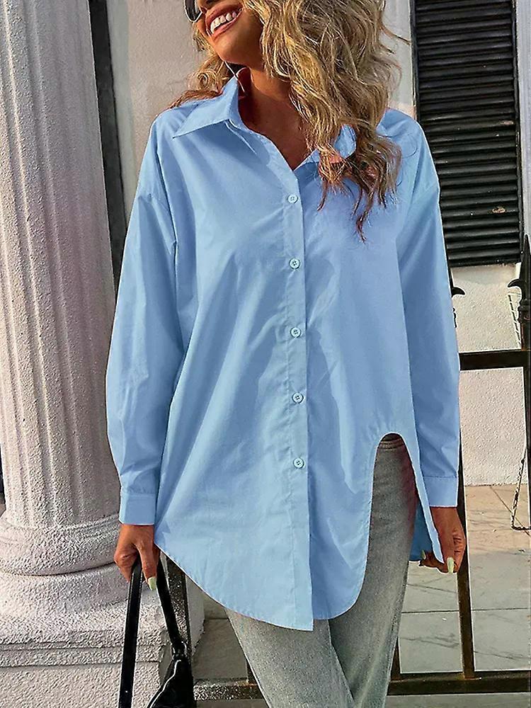 Spring And Summer New Women's Solid Color Single Row Of Buttons Blouse Temperament Casual Round Neck T-Shirt Asymmetric