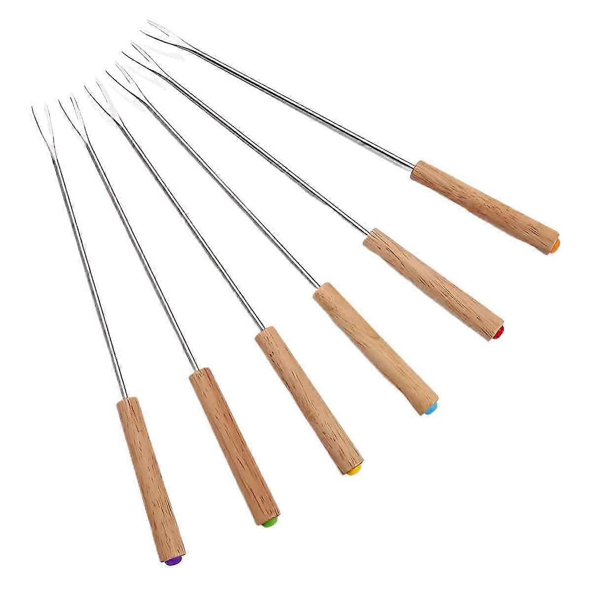 Fondue forks with heatblocking wooden handle, randomly colorcoded fruit forks for chocolate fountain, cheese, fondue dessert, 6 pieces