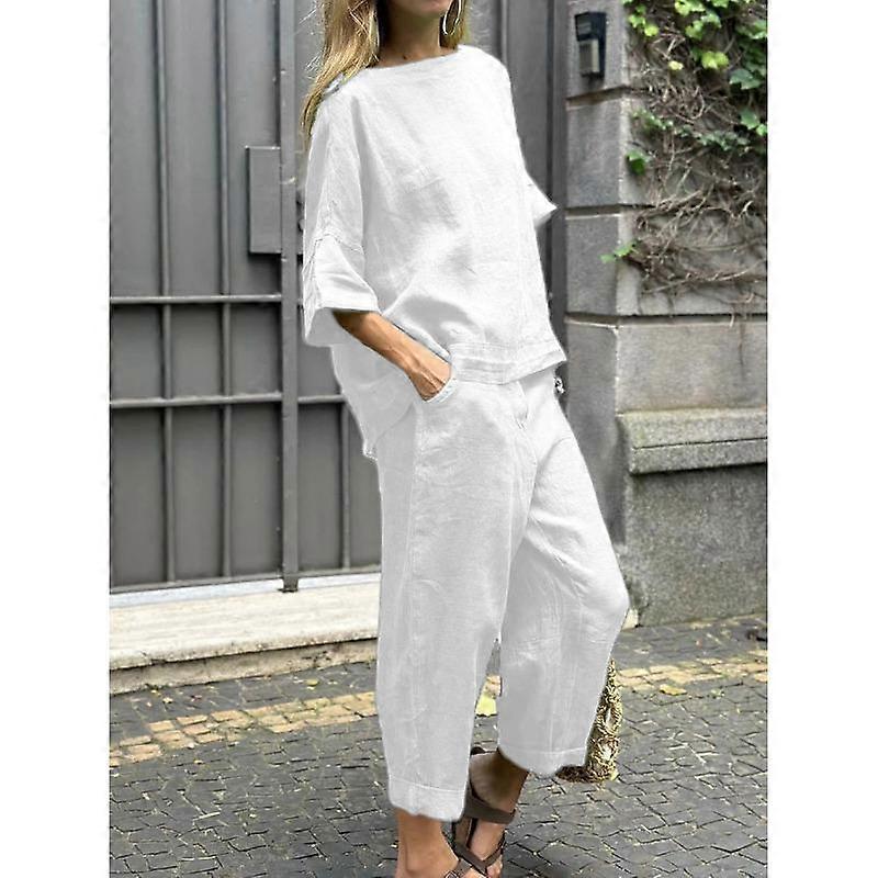 Summer Women's 2-piece Plus-size Cotton and Linen Shirt + High-waisted Pant Suit 2 Piece Sets Womens Outfits