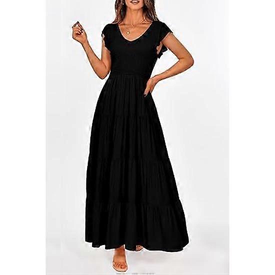 IHUASU Women's V-neck Backless Pleated Fly-sleeve Print Dress