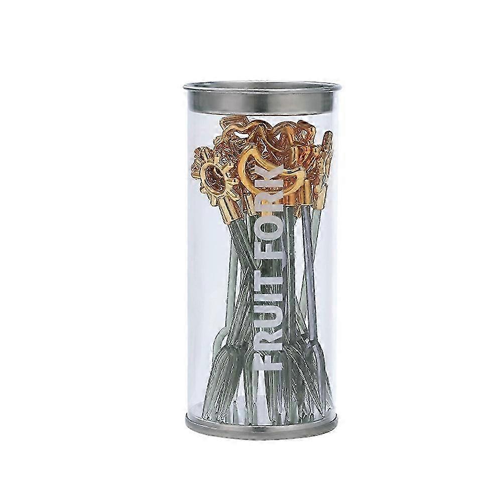 Gold Plated Light Luxury Fruit Sign Household Creative Thickened Dessert Cake Fork Portable Storage Cans Fruit Fork Reusable A