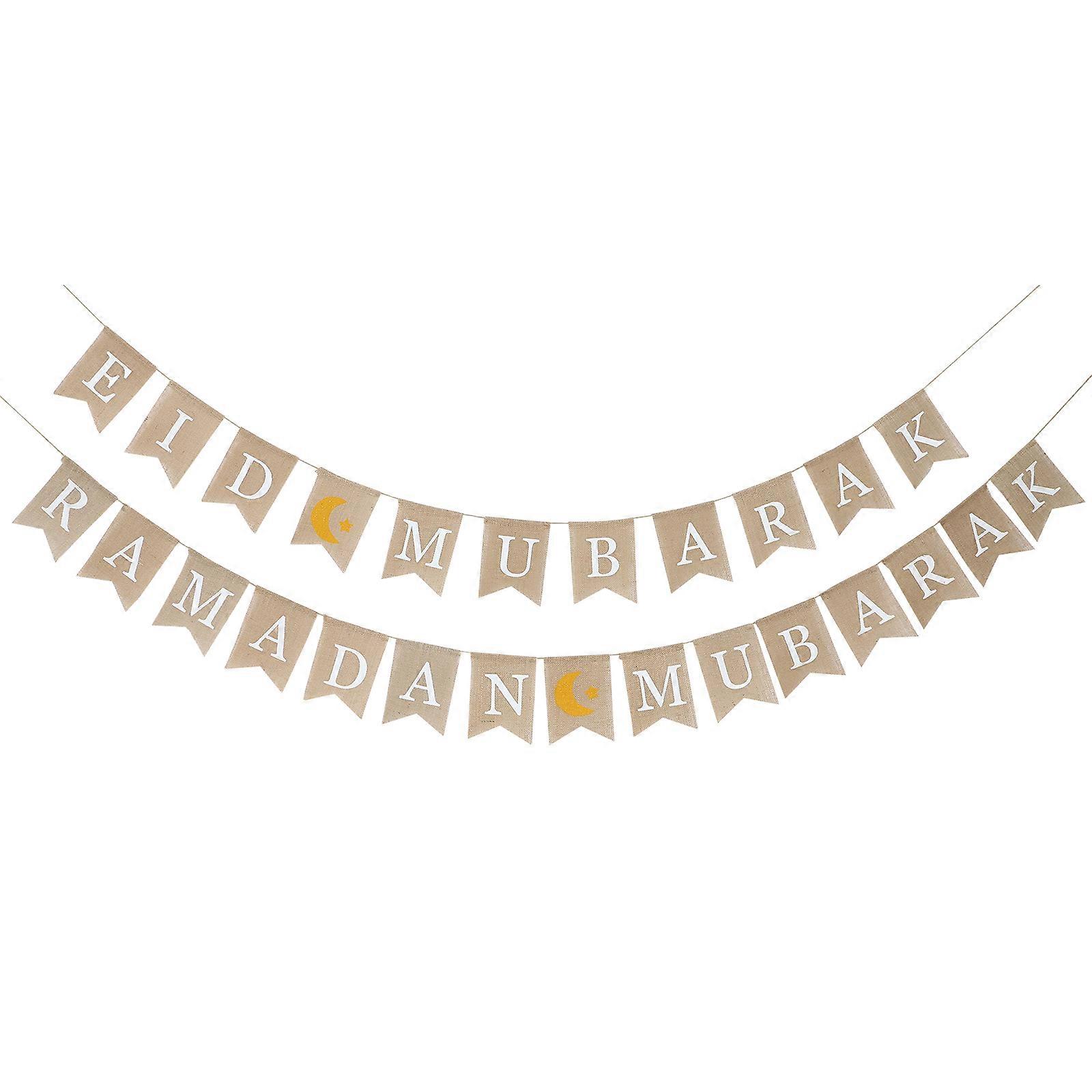 Eid Mubarak Supplies Burlap Banner Eid Party Photo Booth Backdrop Natural Style 2Pcs
