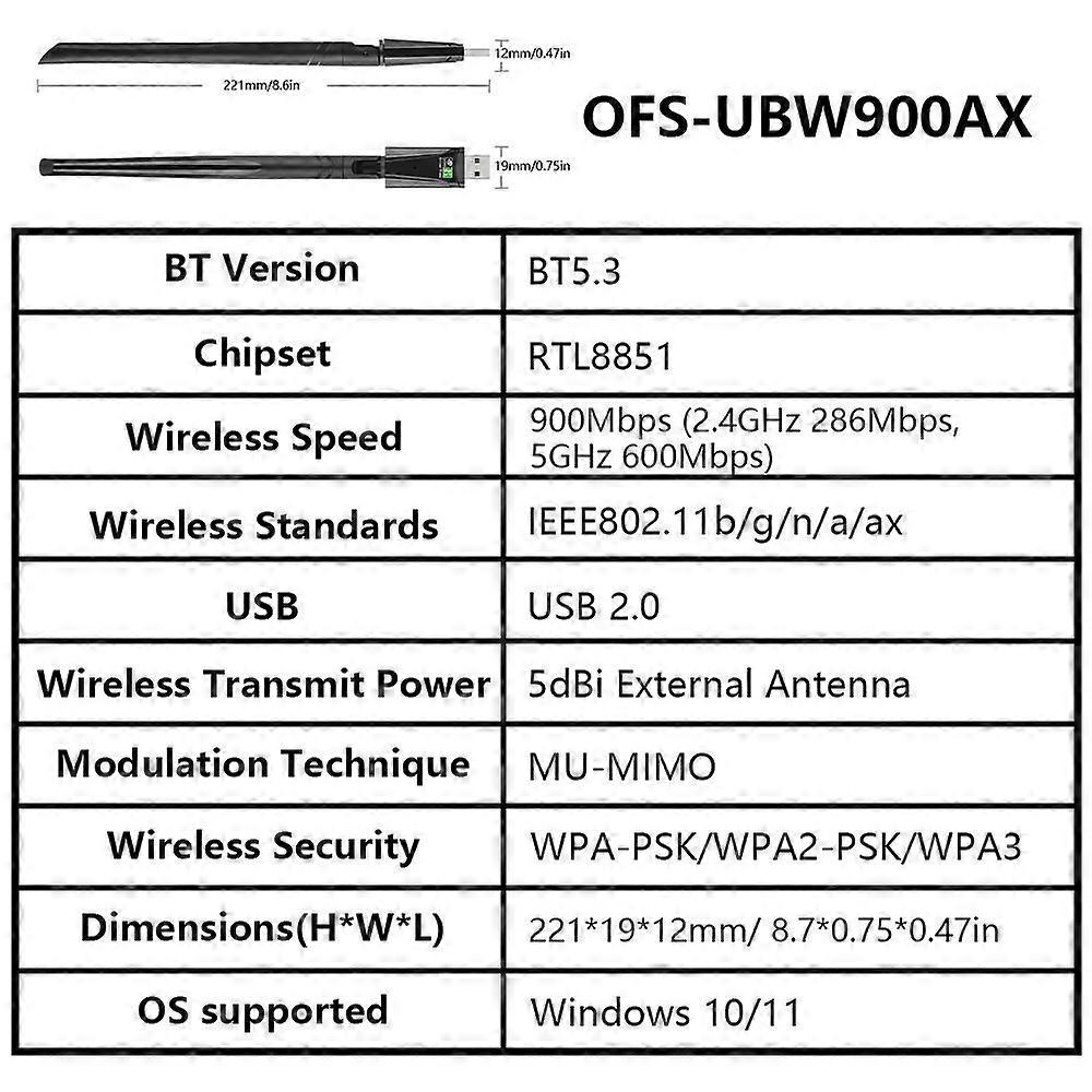 OPTFOCUS 900mbps USB WIFI6E Bluetooth5.3 AX Wifi-sovitin 2 in 1 PC:lle BT wifi5 2.4G 5G 5dbi Dongle