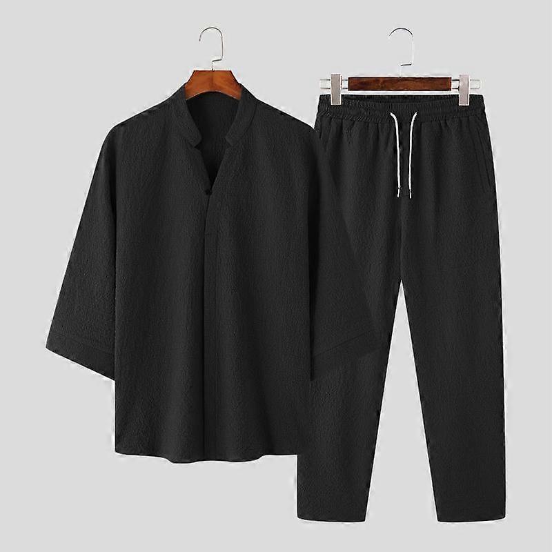 INCERUN 2PCS Suits Men Tops and Drawstring Long Pants Loungewear