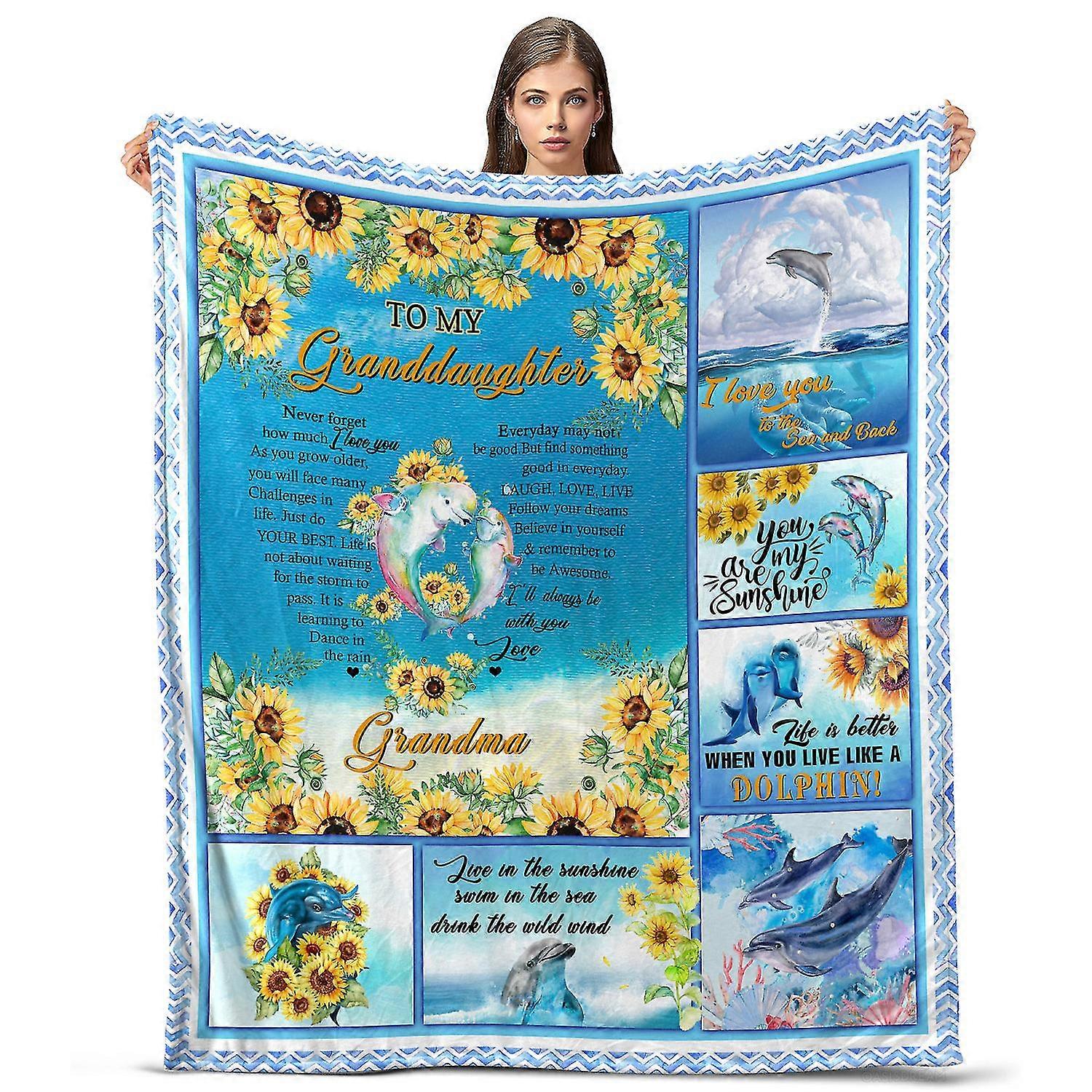 Lightweight and Smooth Blanket for Granddaughter with Dolphins and Sunflowers Print