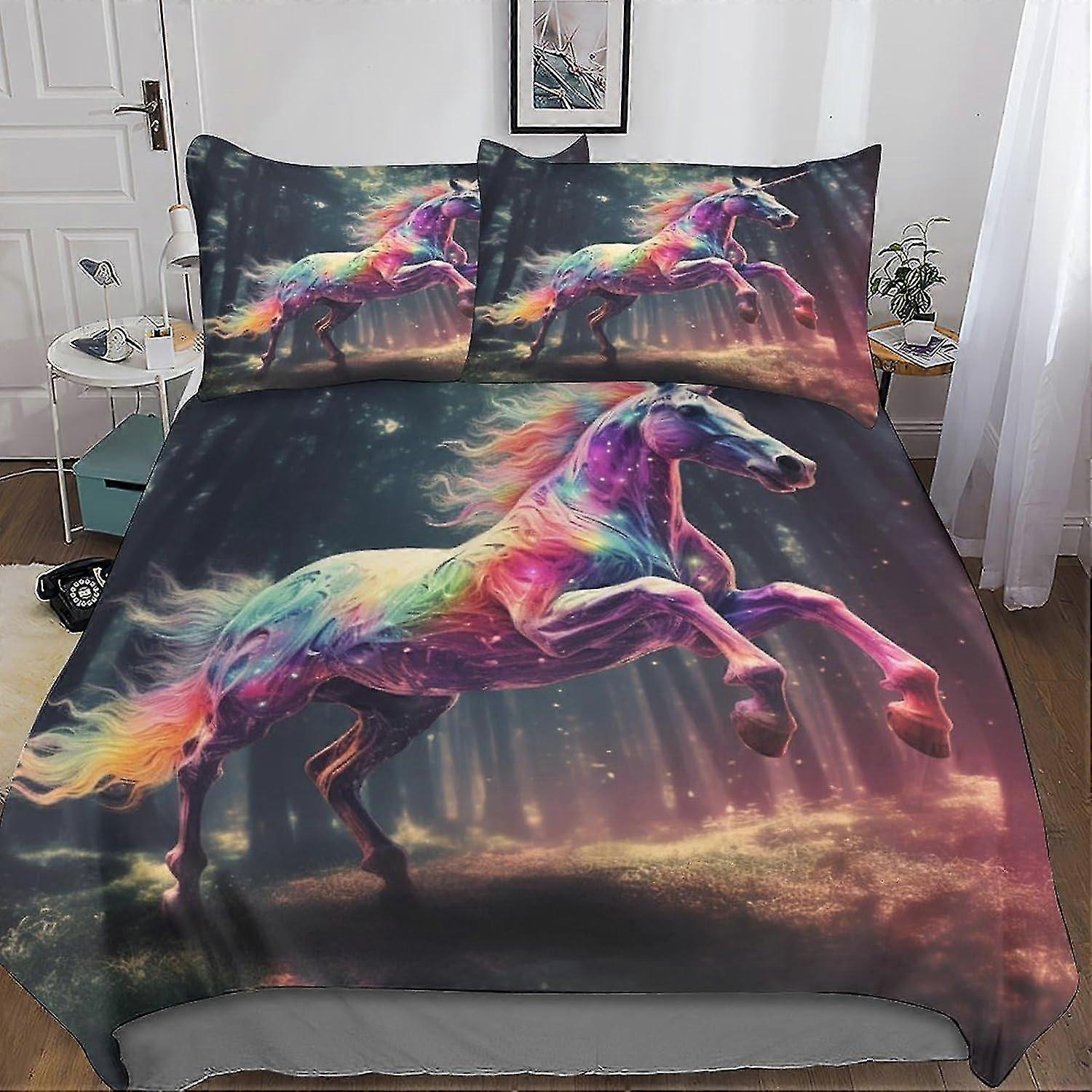 Set di biancheria da letto con stampa digitale 3D con federa Copripiumino Set di 3 pezzi in morbida microfibra per Rainbow Horse Fantasy Creature con cerniera