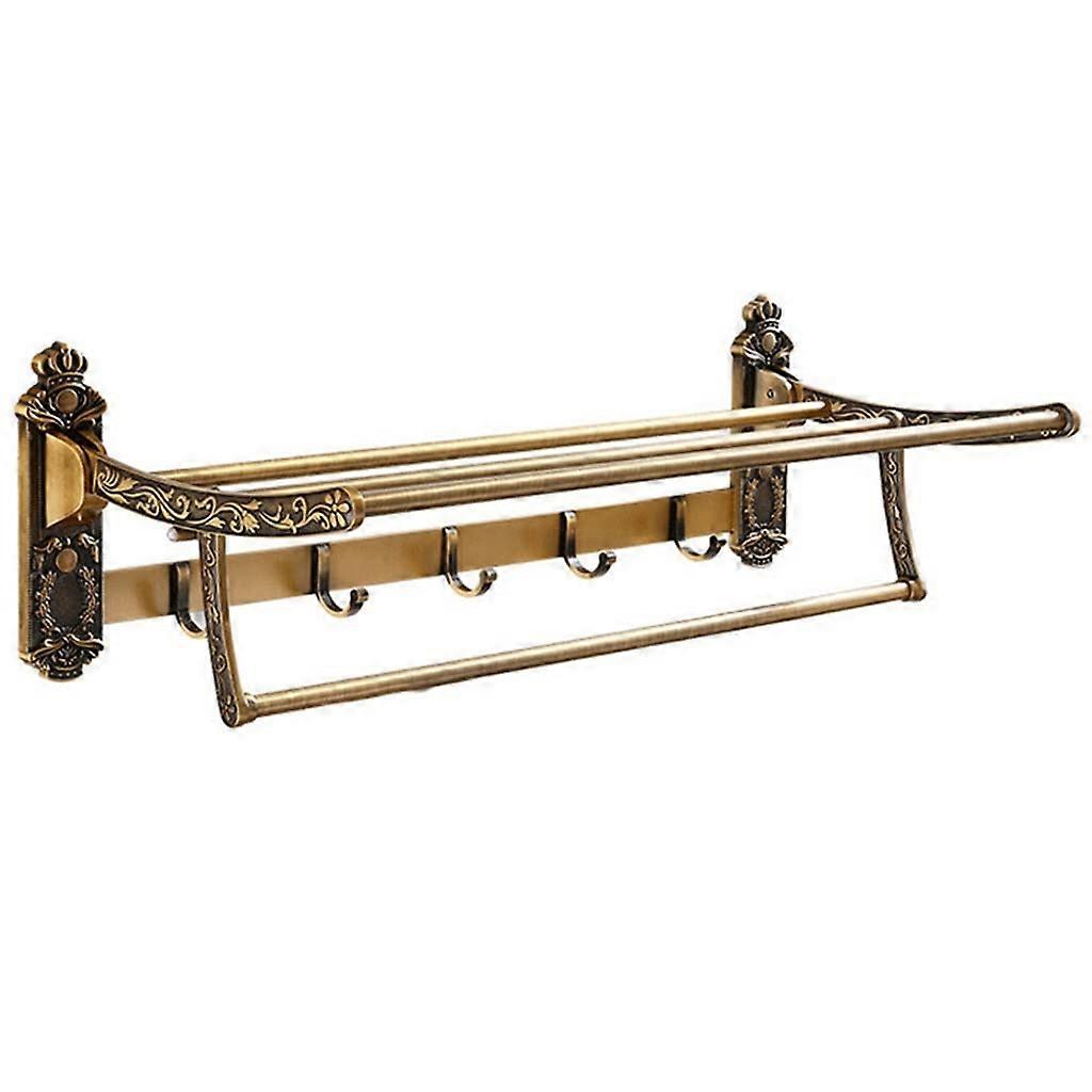 Aluminum Antique Brass Foldable Double Towel Rack with Hooks for Bathroom Wall Storage
