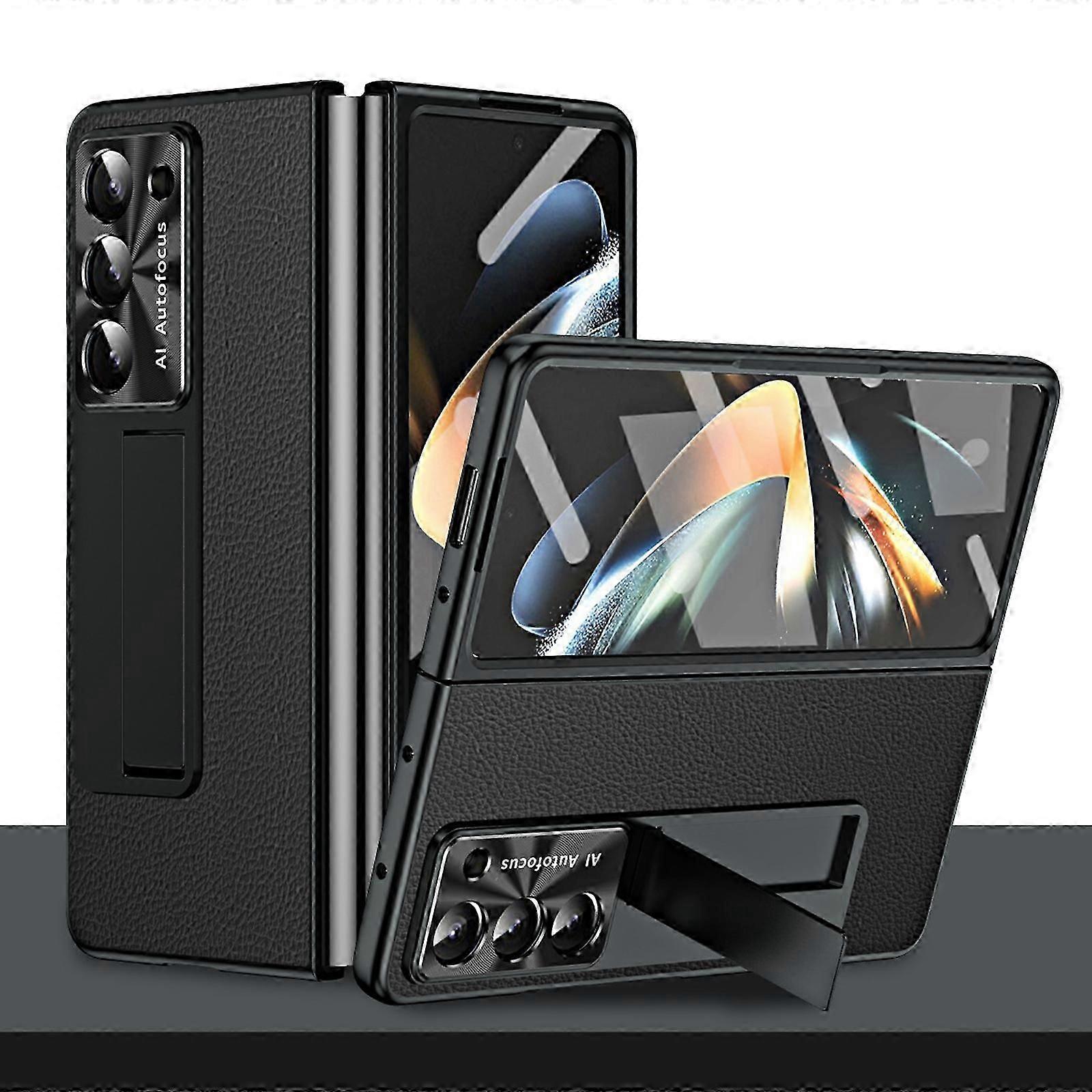 Case Lychee Leather Hinged Case Compatible with Samsung Galaxy Z Fold 6 5G with Hidden Kickstand+Screen Protector ,Rugged Shockproof Hard Full-Body Pr