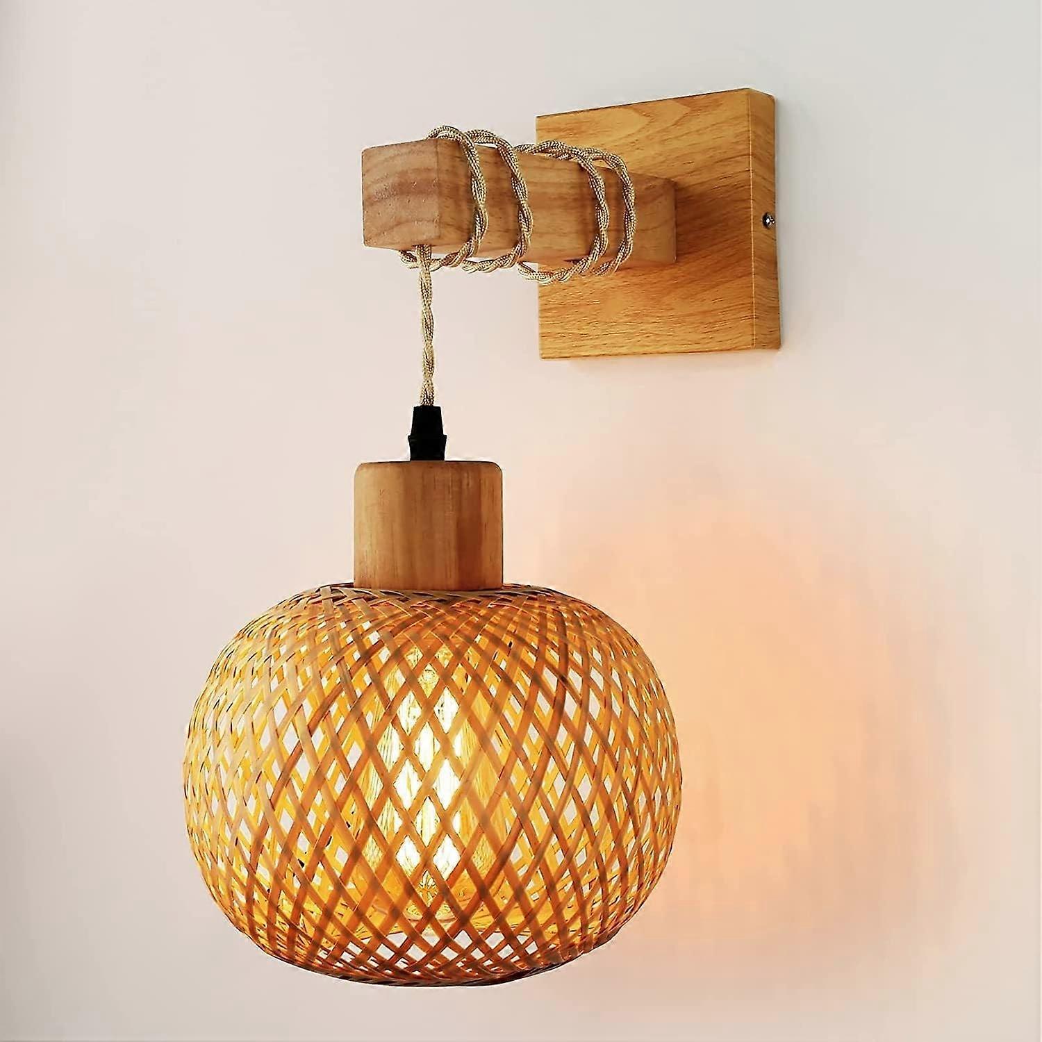 Wall Light Indoor Boho Vintage Lantern Lamp with Rattan Lampshade E27 Hemp Rope
