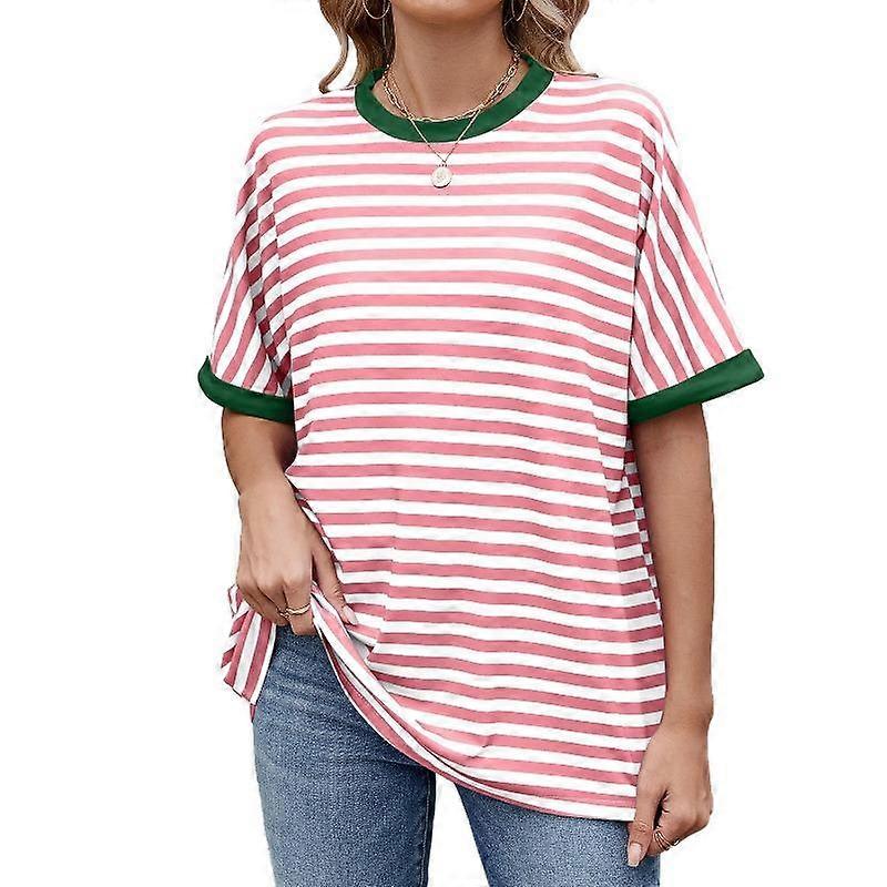 Women's Summer New Stripe Clash Colour Round Neck Loose Short Sleeve T-Shirt Top
