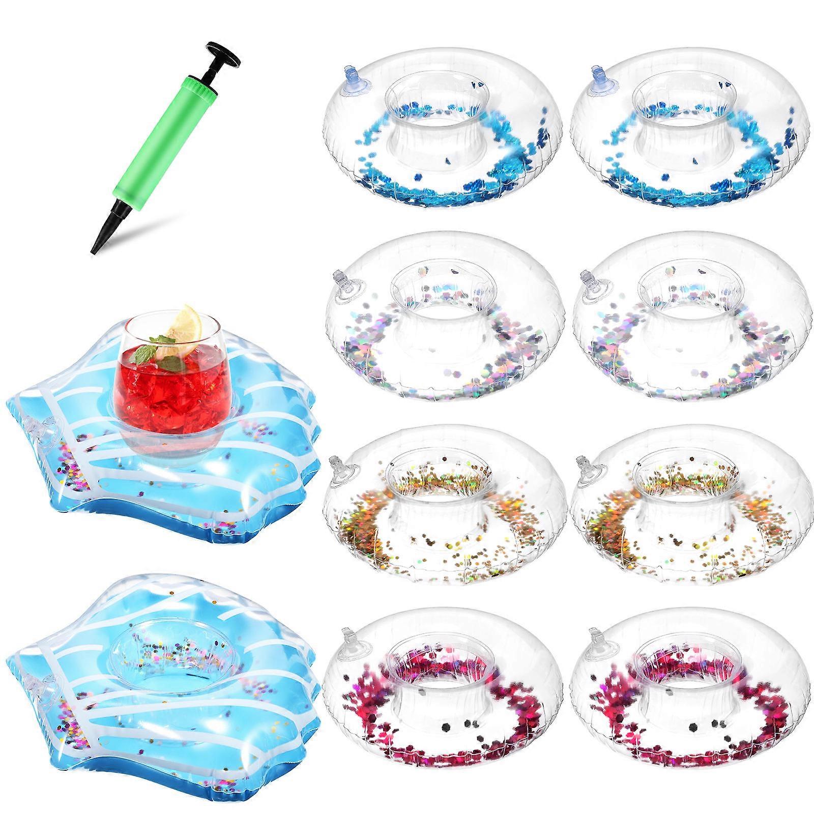 10Pcs Inflatable Cup Holders Pool Drink Floats Coasters with Air Pump for Summer Pool Party