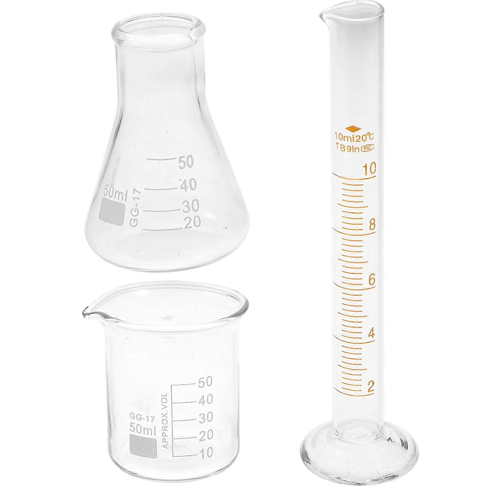 3pcs Laboratory Supplies Glass Beaker Measuring Cylinder Conical Bottle Set