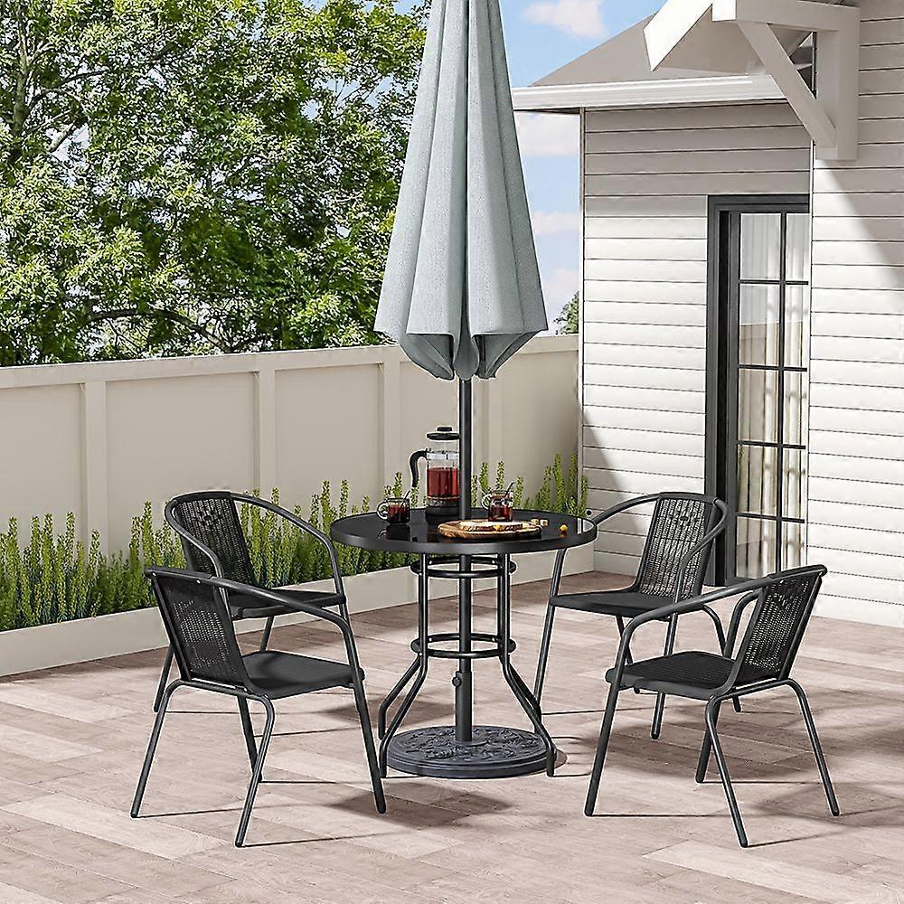 Set of 5 Garden Glass Umbrella Table and Stackable Chairs Set