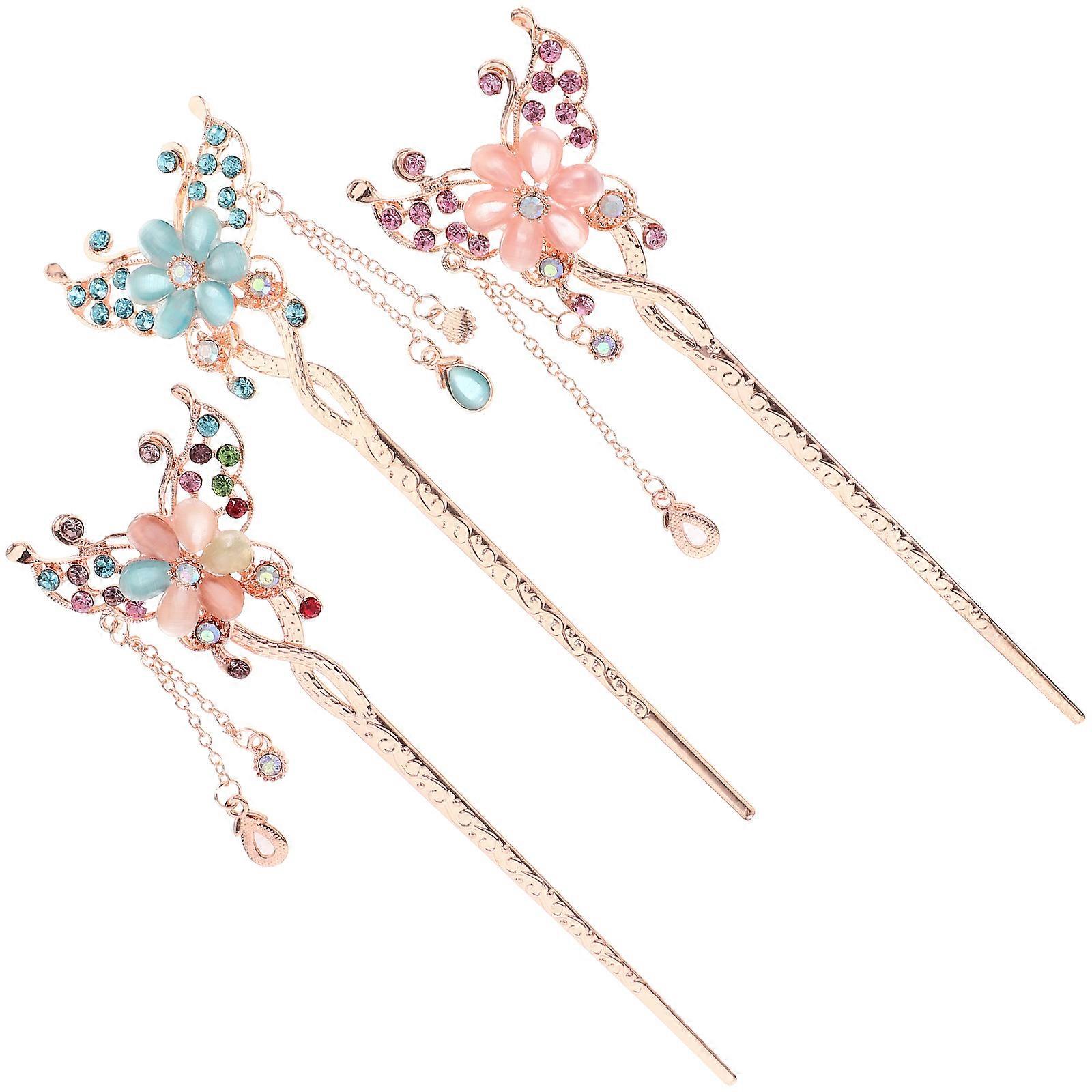 3pcs Fashionable Chinese Hairpins with Assorted Color Flowers for Hanfu Cosplay and Daily Bun Styles
