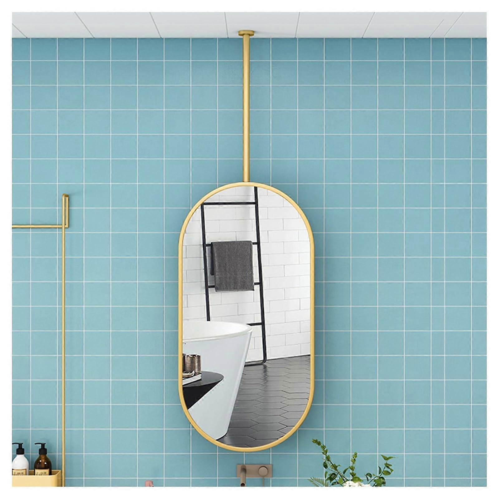 Ceiling Hanging Mirror,Oval Metal Ceiling Mounted Mirror,Bathroom HD Floating Mirror (Gold,50x100cm)