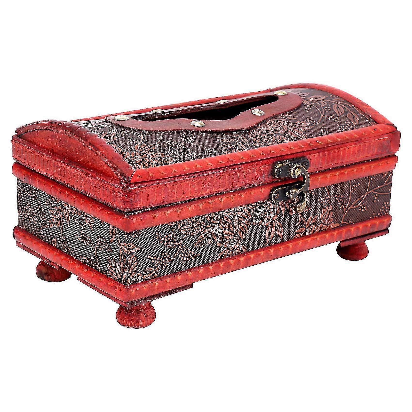 Retro Vintage Copper Ring Pattern Wooden Paper Tissue Box Holder Decor New:Retro Red