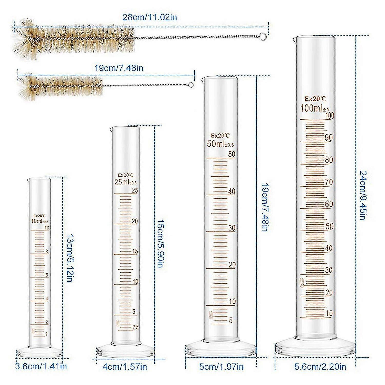 2 Set Dickglas Messzylinder Set Glas mit 4 Bru...